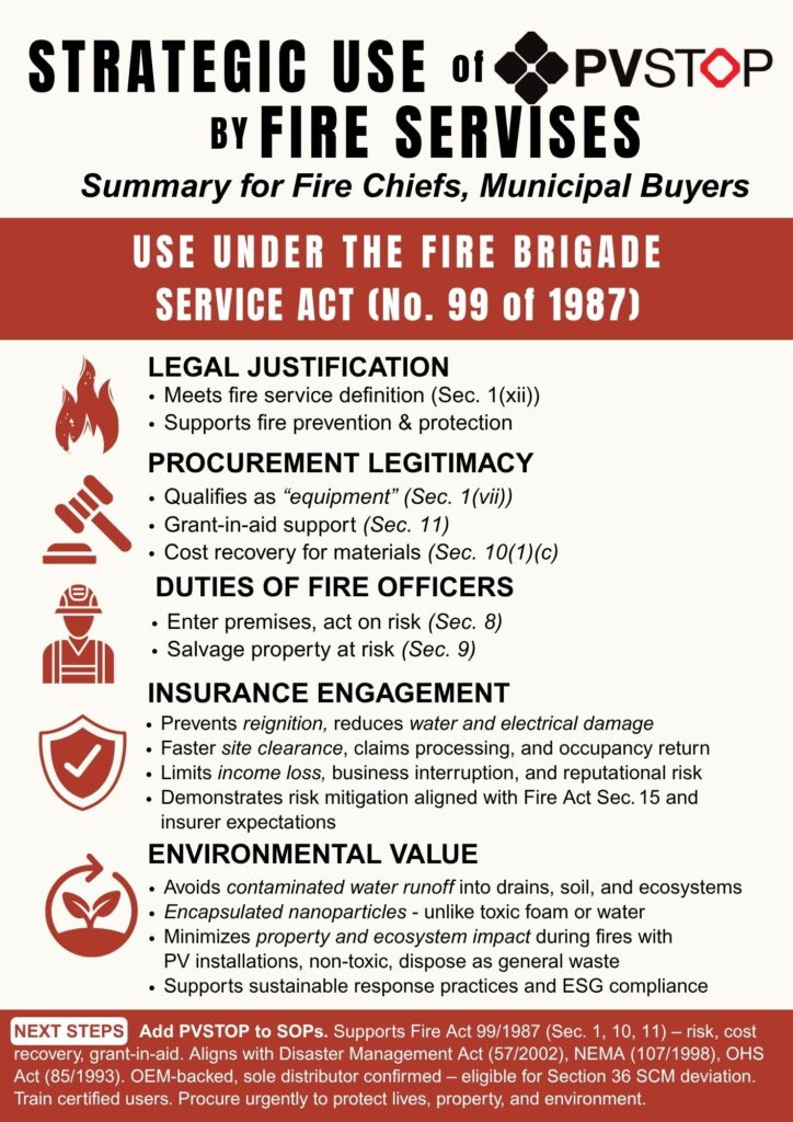 Compliant, safe solar fire response with PVSTOP® in South Africa. Fire Act 99 of 1987, Section 36 SCM, BSI-certified. Municipal SOP ready.