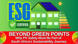 ESG-certified green building illustration with solar panels and energy rating chart, promoting PV safety and sustainability in South Africa.