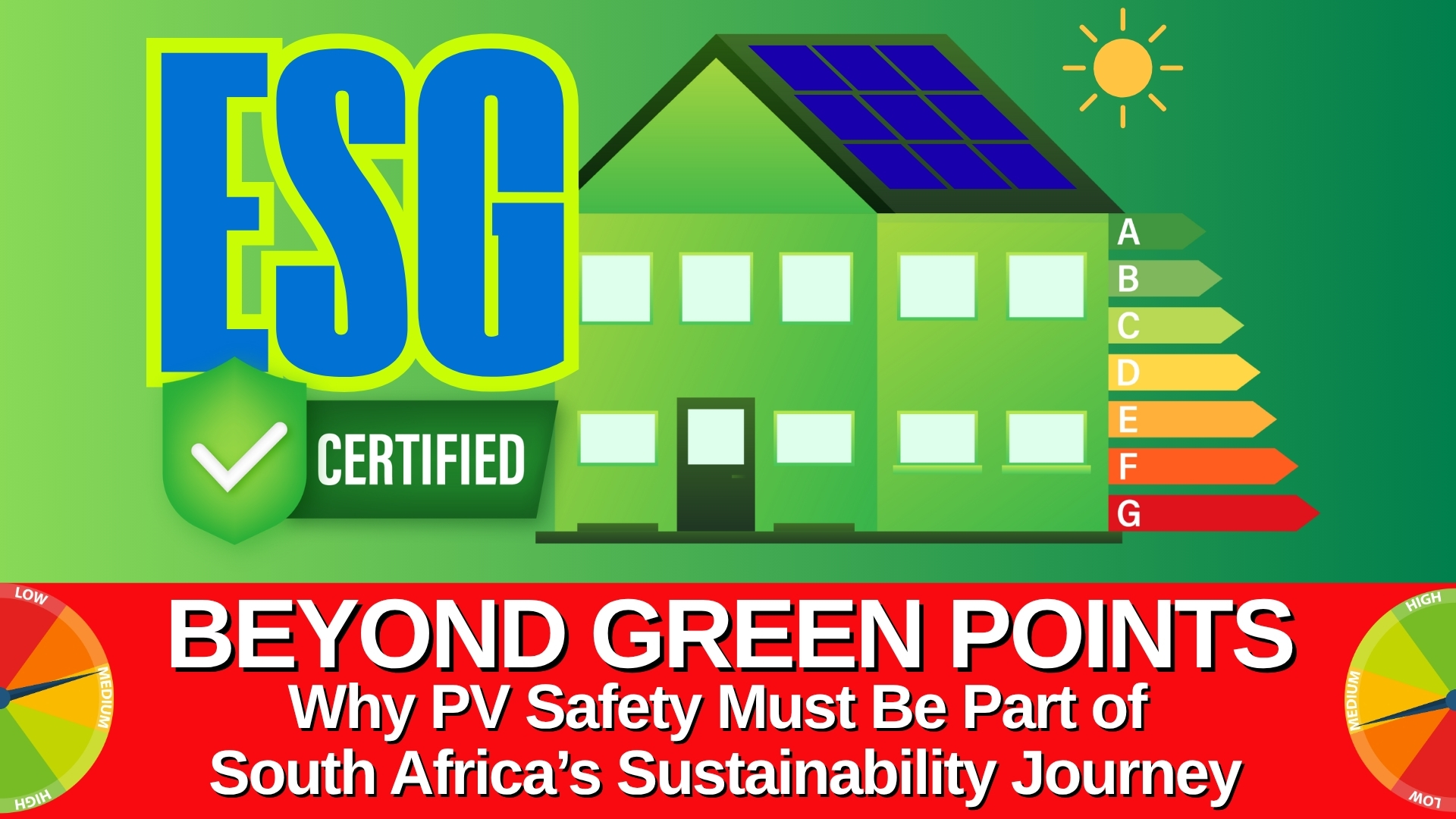 ESG-certified green building illustration with solar panels and energy rating chart, promoting PV safety and sustainability in South Africa.